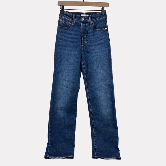 Levi's Ribcage Straight Button Fly Jeans Womens 26 Blue Five Pocket High Rise - Picture 1 of 10